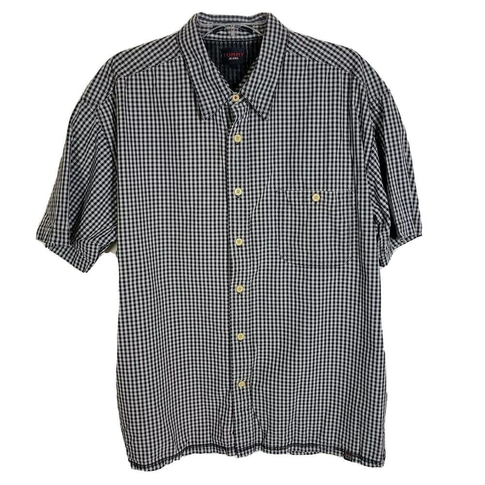 Tommy Jeans Mens Shirt Size XL Blue Button Up Pocket Short Sleeve Gingham Check
